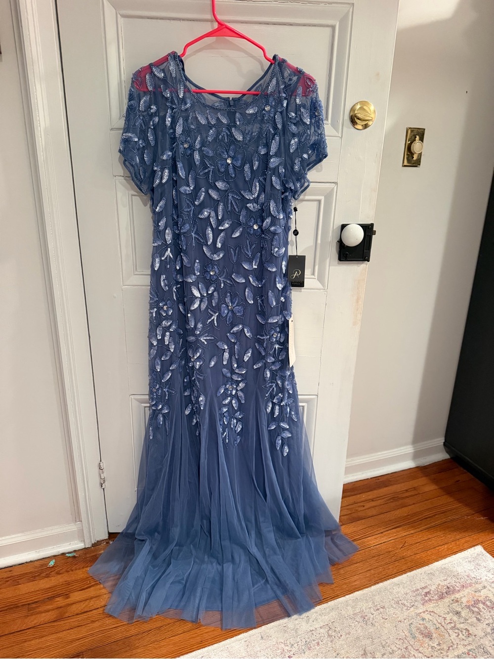 Adrianna Papell Dusty Blue Beaded Leaf Appliqué Tulle Maxi Dress